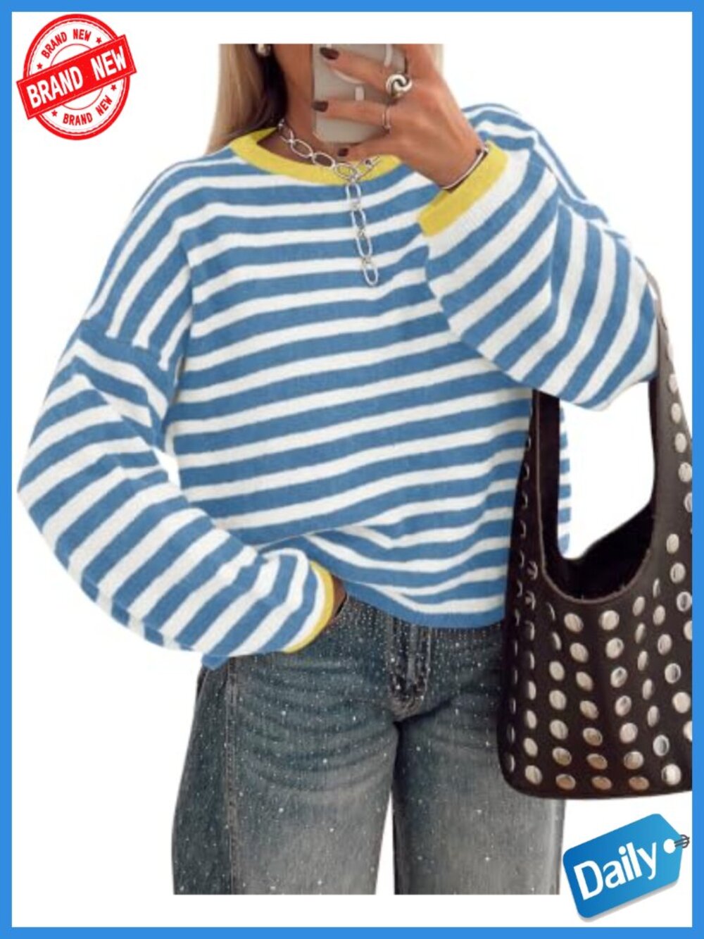 Women's Oversized Striped Crew Neck Sweater | Long Sleeve Color Block Pullover
